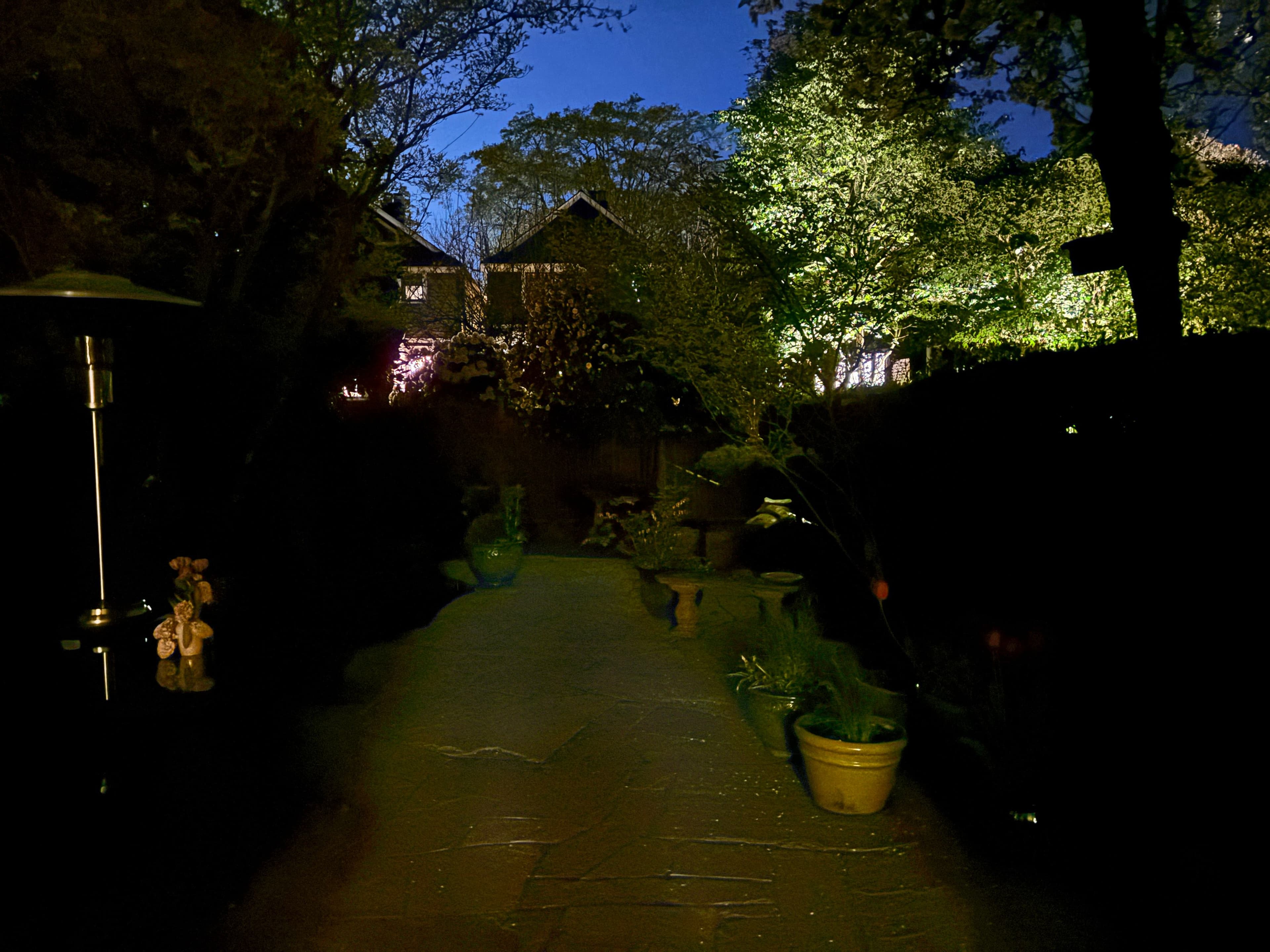 Serene nighttime garden path with soft lighting and lush greenery. Cozy atmosphere.