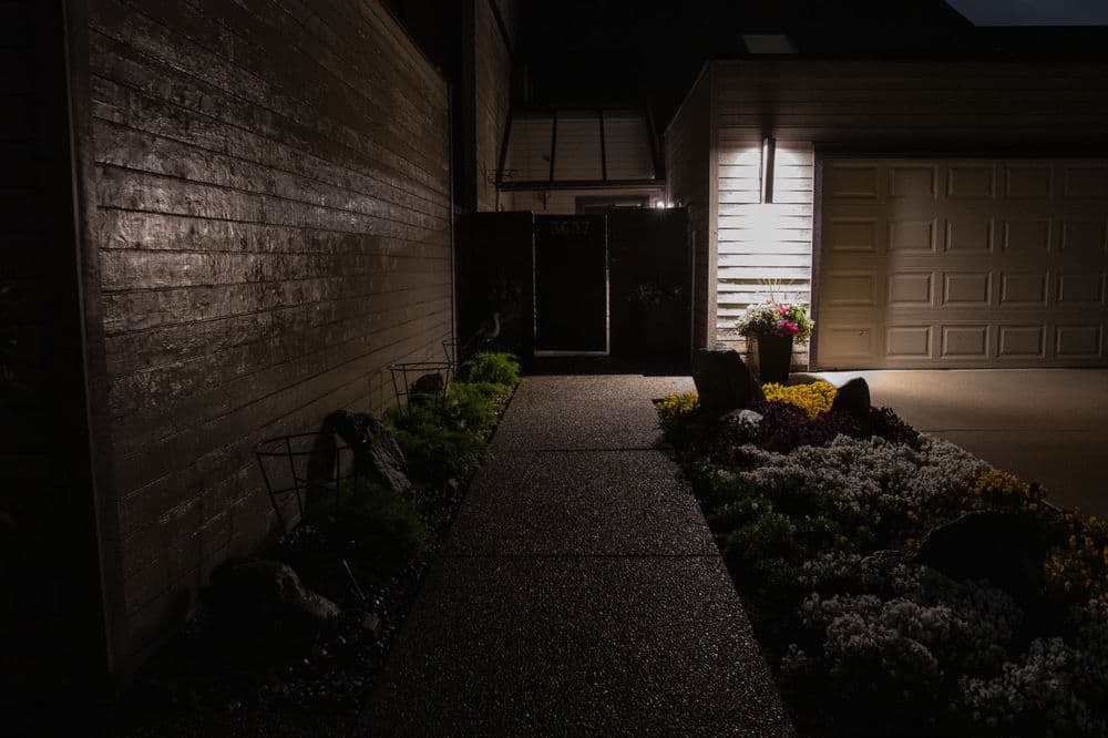 Well-lit entryway at night with landscaped garden and stone pathway leading to a modern home.